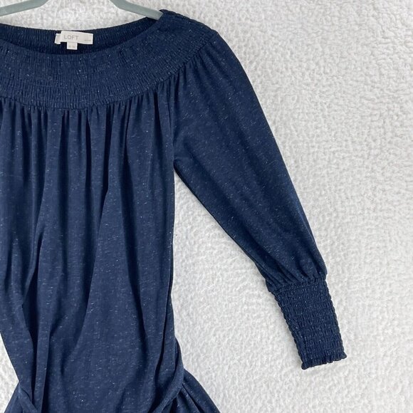LOFT Blue Smocked Off The Shoulder Dress Womens Long Sleeve Pullover Size‎ SP - Picture 3 of 16